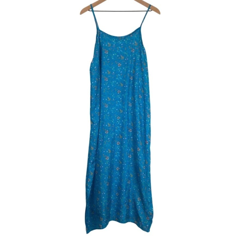 MATTA 100% Silk Maxi Slip Dress Sz S Blue Floral Side Slit Luxe Lightweight - Picture 4 of 12